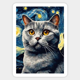 Adorable British Shorthair Cat Breed Painting in a Van Gogh Starry Night Art Style Sticker